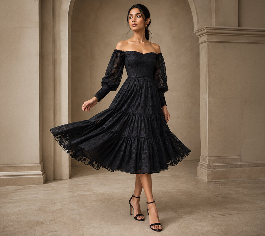 Adorn Aura — off-shoulder black lace dress in quiet editorial light