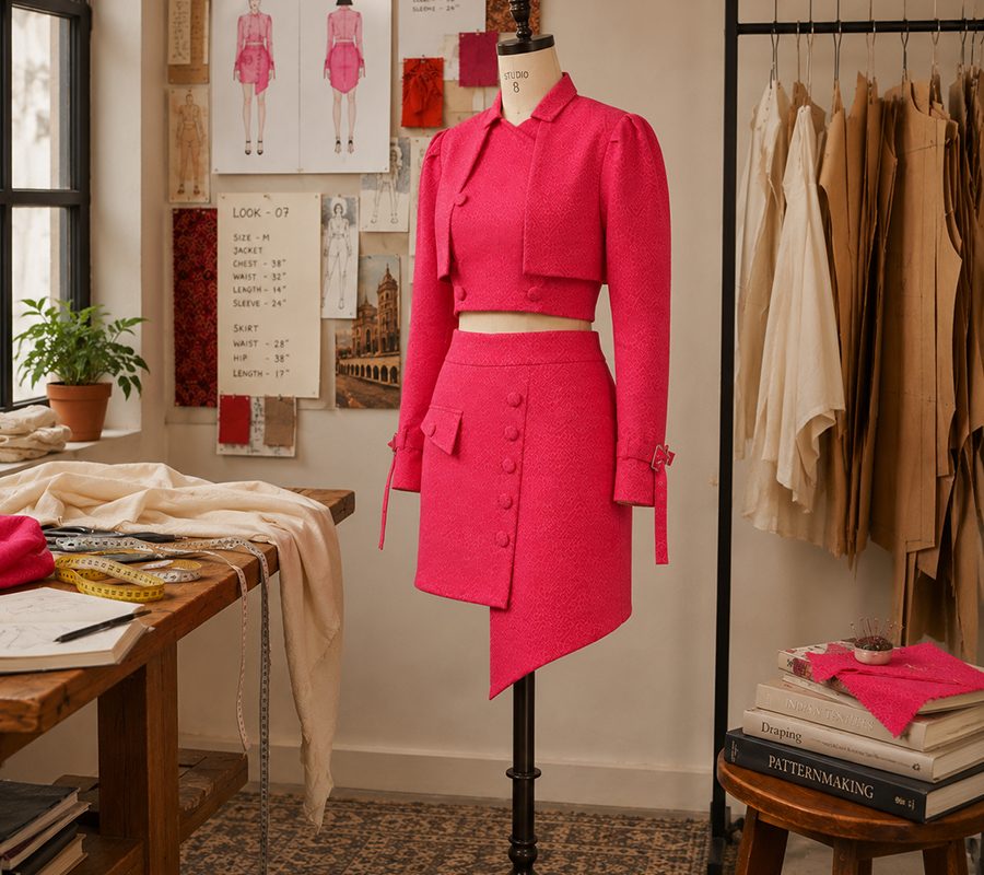 A fuchsia Adorn Aura co-ord set in the studio