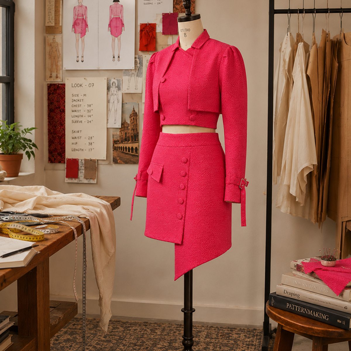 Fuchsia jacquard jacket and skirt on a studio mannequin beside sketches and swatches