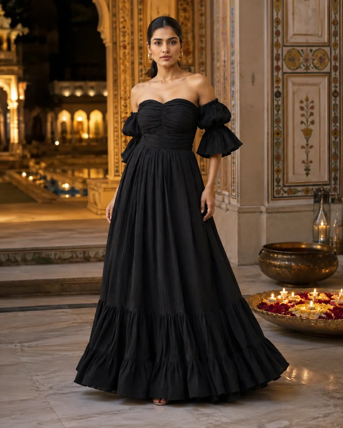 Amorette Ruched Off-Shoulder Black Gown — view 2