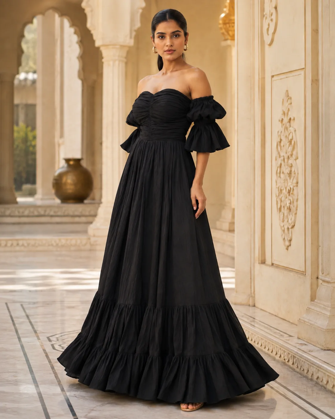 Amorette Ruched Off-Shoulder Black Gown — view 3
