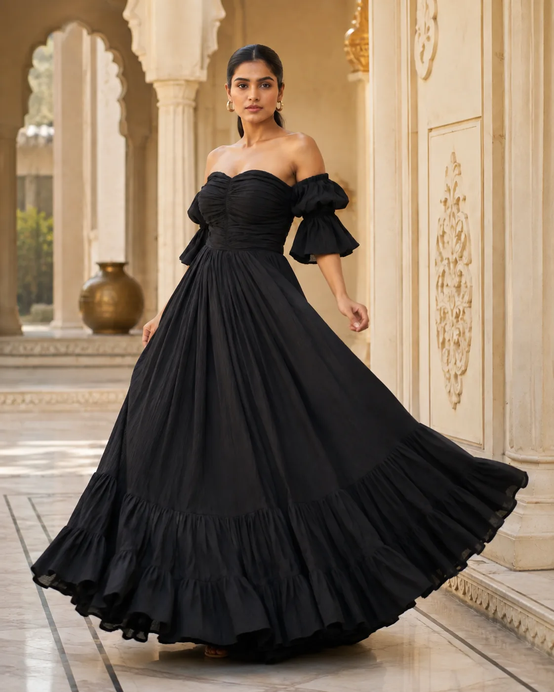 Amorette Ruched Off-Shoulder Black Gown — view 7