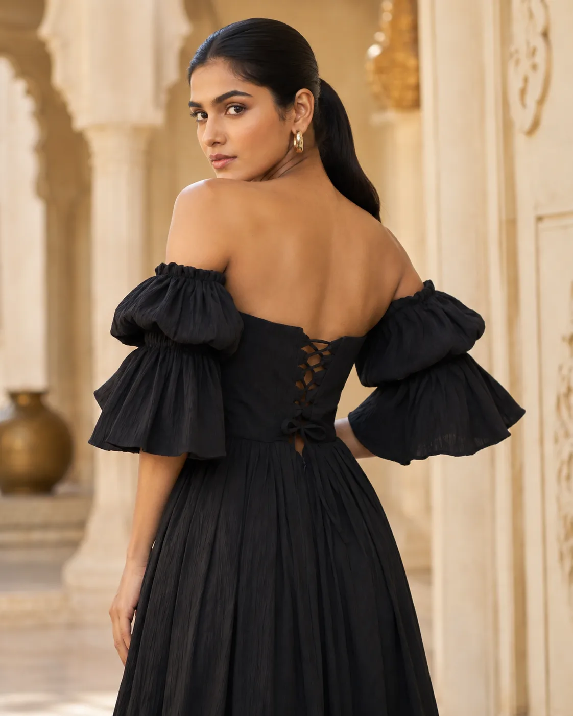 Amorette Ruched Off-Shoulder Black Gown — view 6
