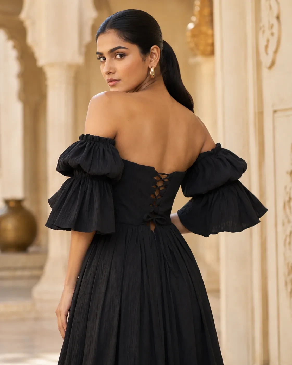 Amorette Ruched Off-Shoulder Black Gown — view 6