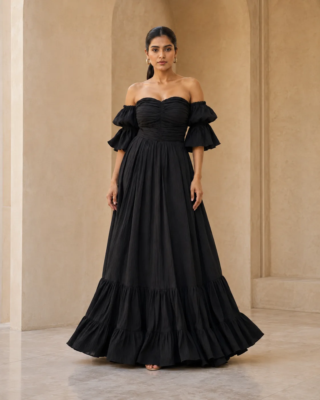 Amorette Ruched Off-Shoulder Black Gown