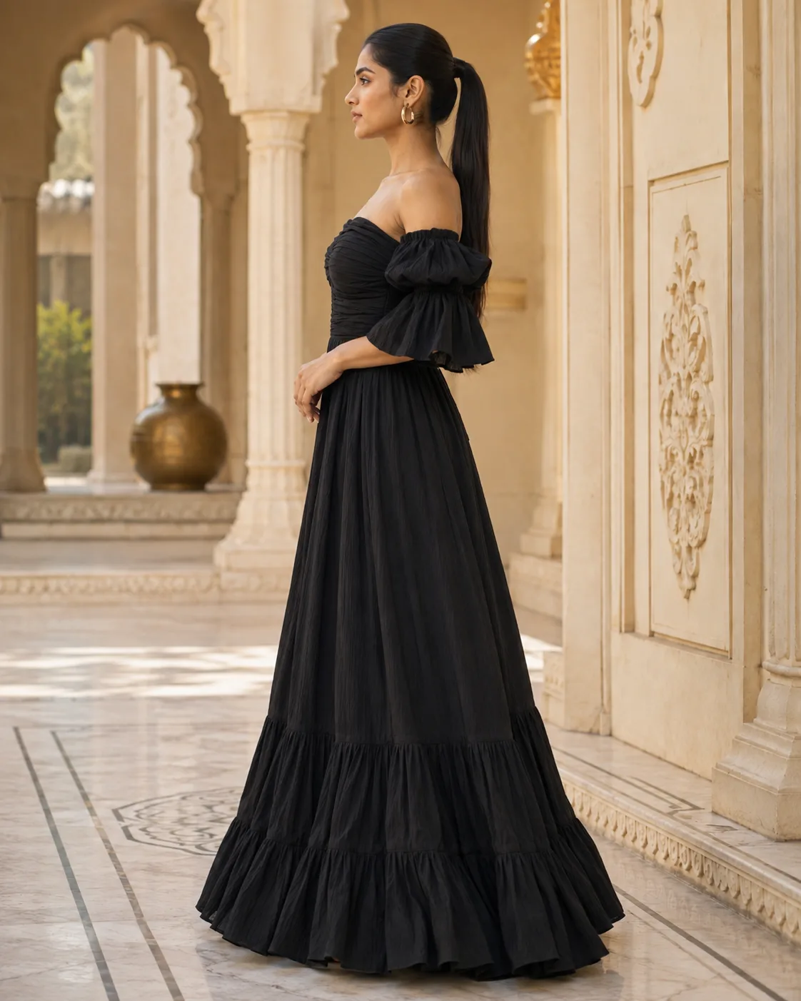 Amorette Ruched Off-Shoulder Black Gown — view 4