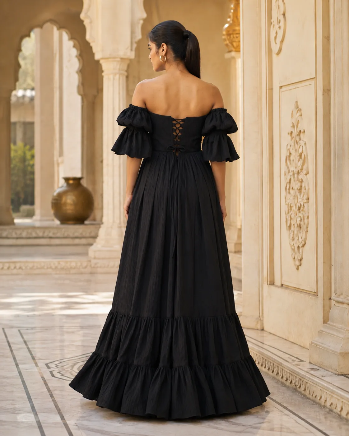 Amorette Ruched Off-Shoulder Black Gown — view 5