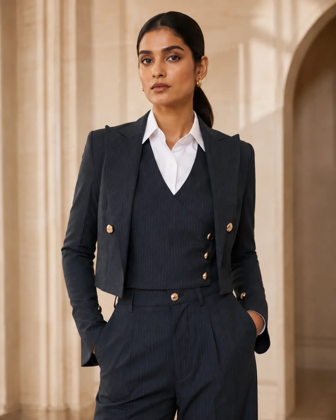 Linea Set Structured Charcoal Pinstripe Suit — view 4
