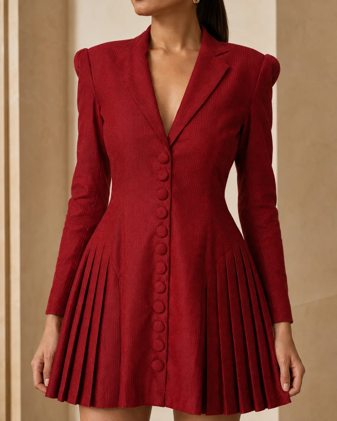 Mora Maroon Sculpted Pleat Blazer Mini Dress — view 4