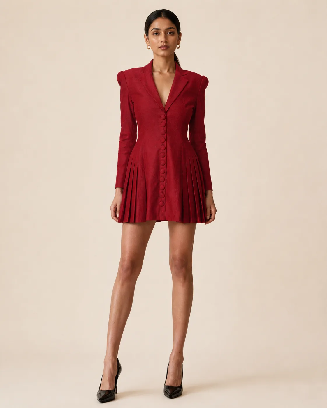 Mora Maroon Sculpted Pleat Blazer Mini Dress