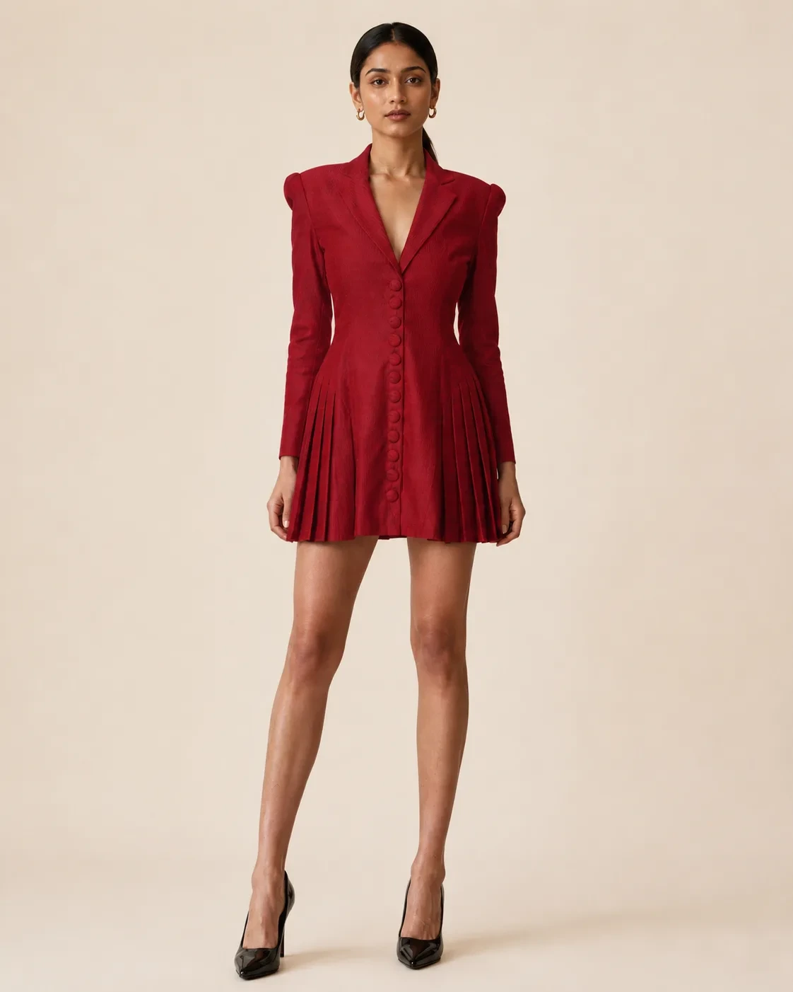 Mora Maroon Sculpted Pleat Blazer Mini Dress — view 1