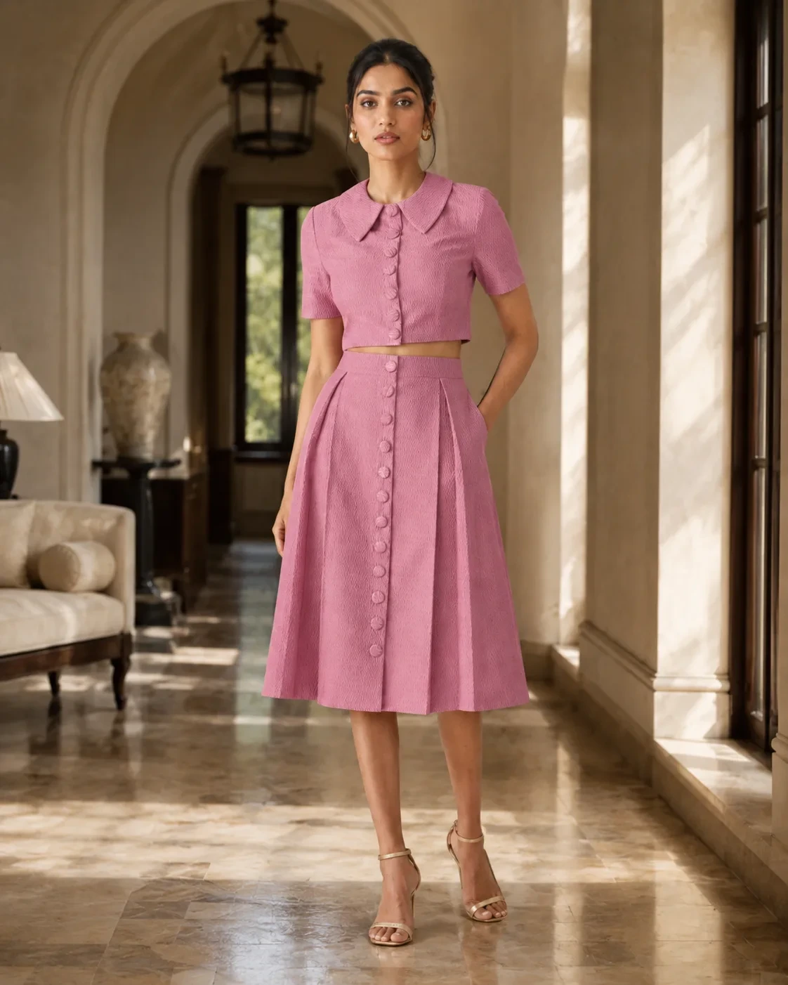 Madison Set Dusky Pink Textured Button-Down Co-ord — view 2