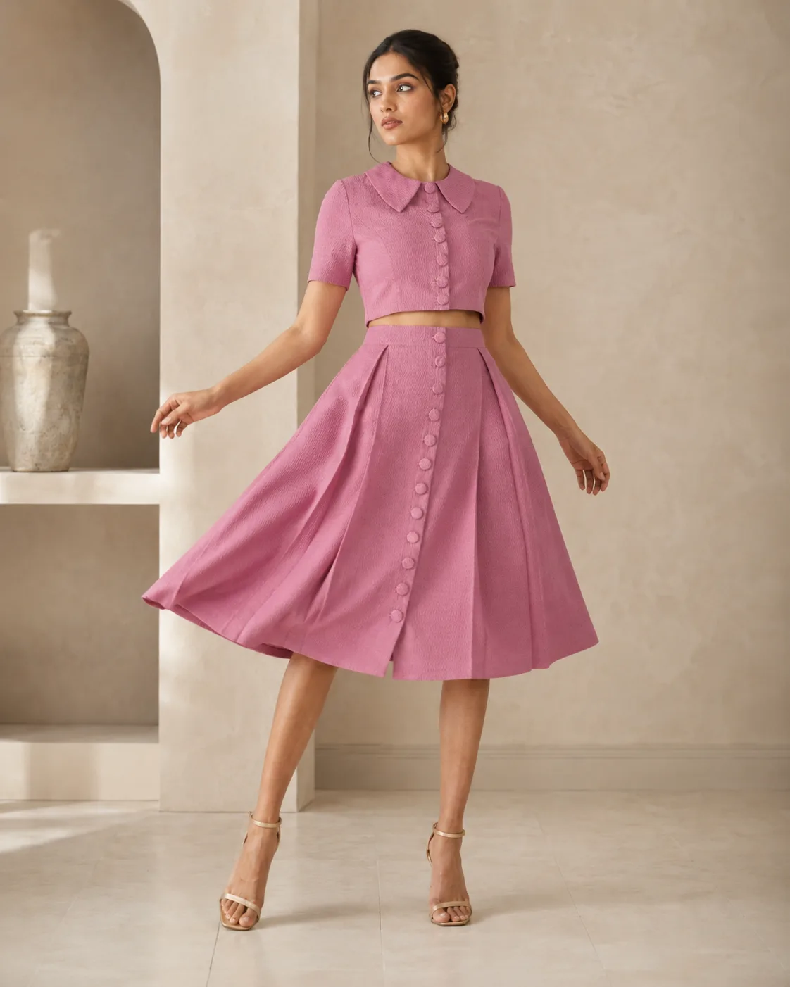 Madison Set Dusky Pink Textured Button-Down Co-ord — view 3