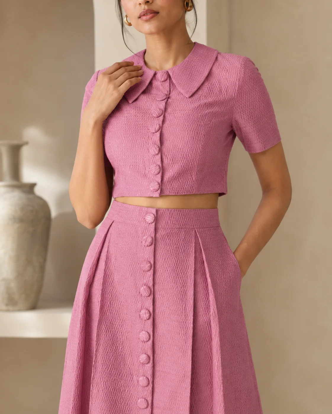 Madison Set Dusky Pink Textured Button-Down Co-ord — view 4