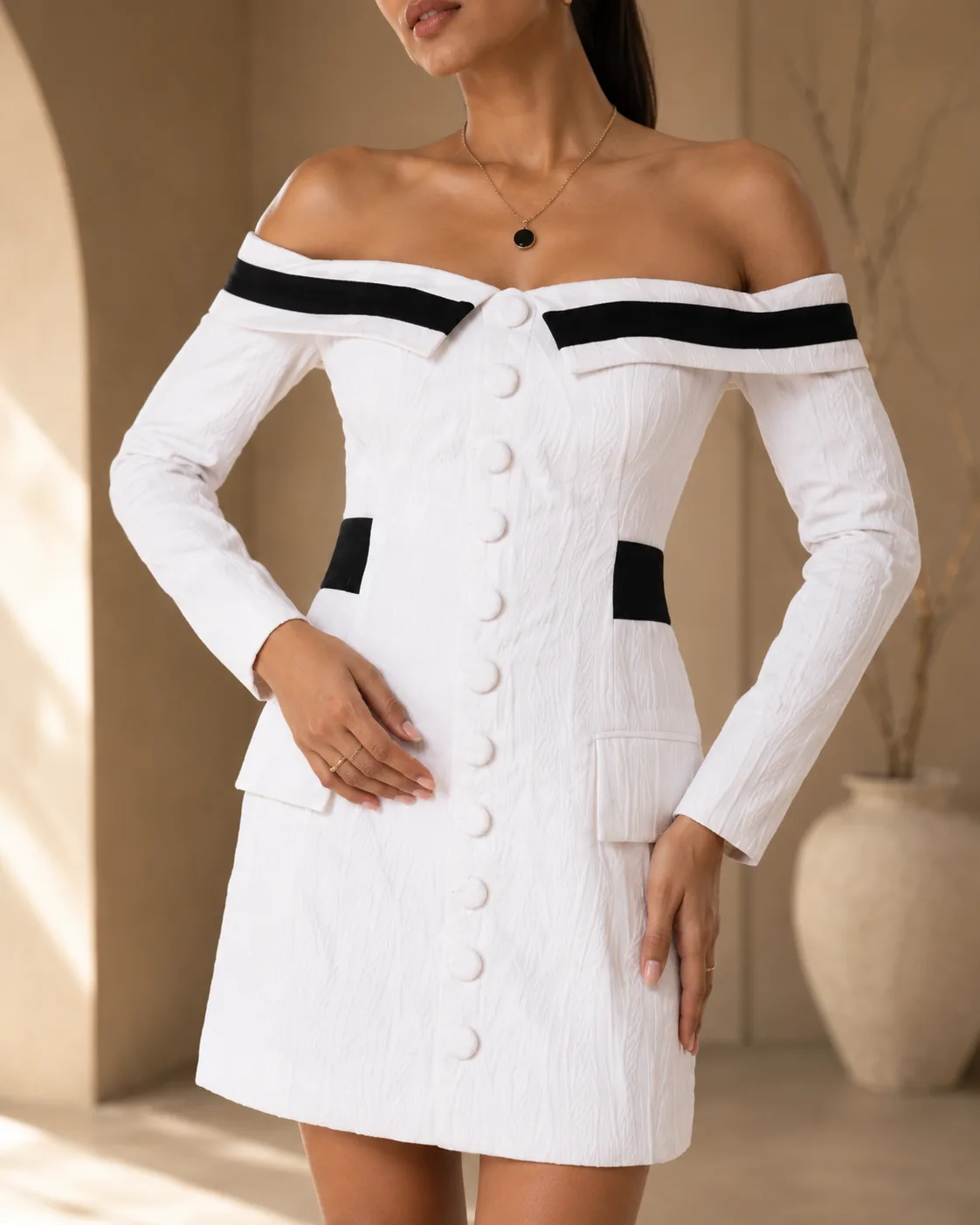 Luxe Monochrome Off-Shoulder Mini Dress — view 4