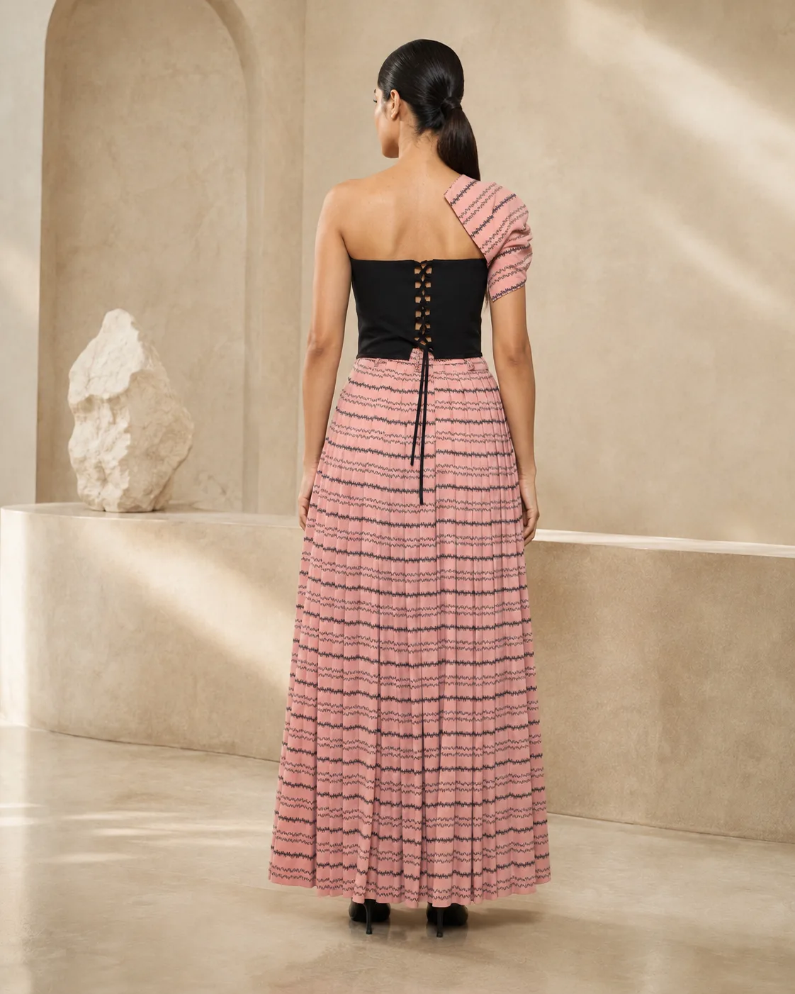 Luna Bow Set Sculpted One-Shoulder Top with Pleated Maxi Skirt — view 8