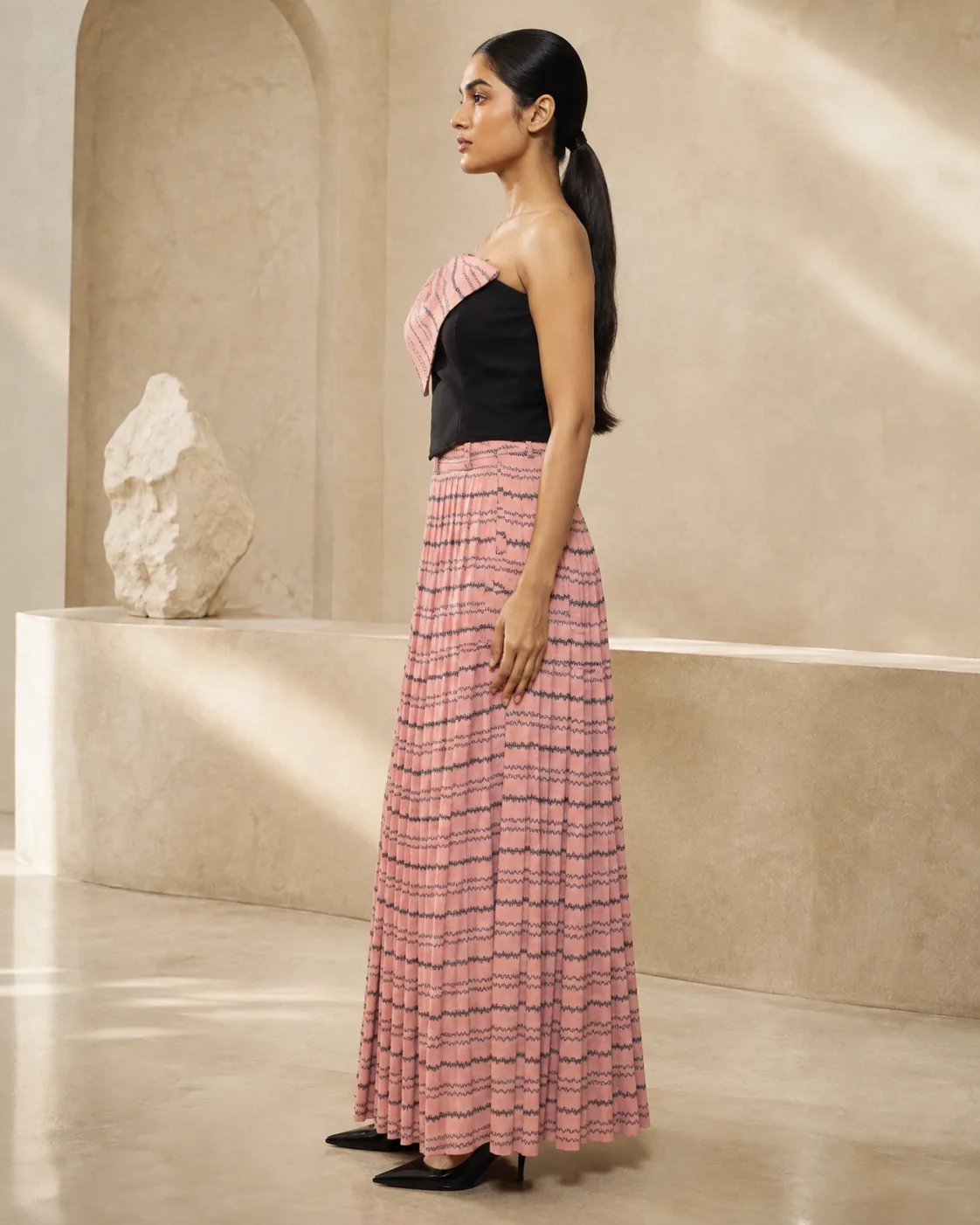 Luna Bow Set Sculpted One-Shoulder Top with Pleated Maxi Skirt — view 7