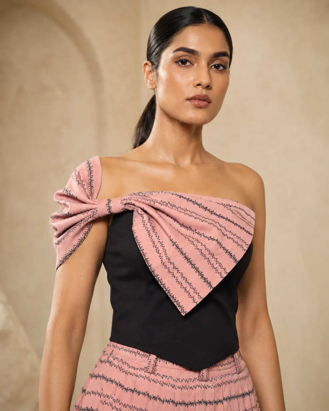 Luna Bow Set Sculpted One-Shoulder Top with Pleated Maxi Skirt — view 4