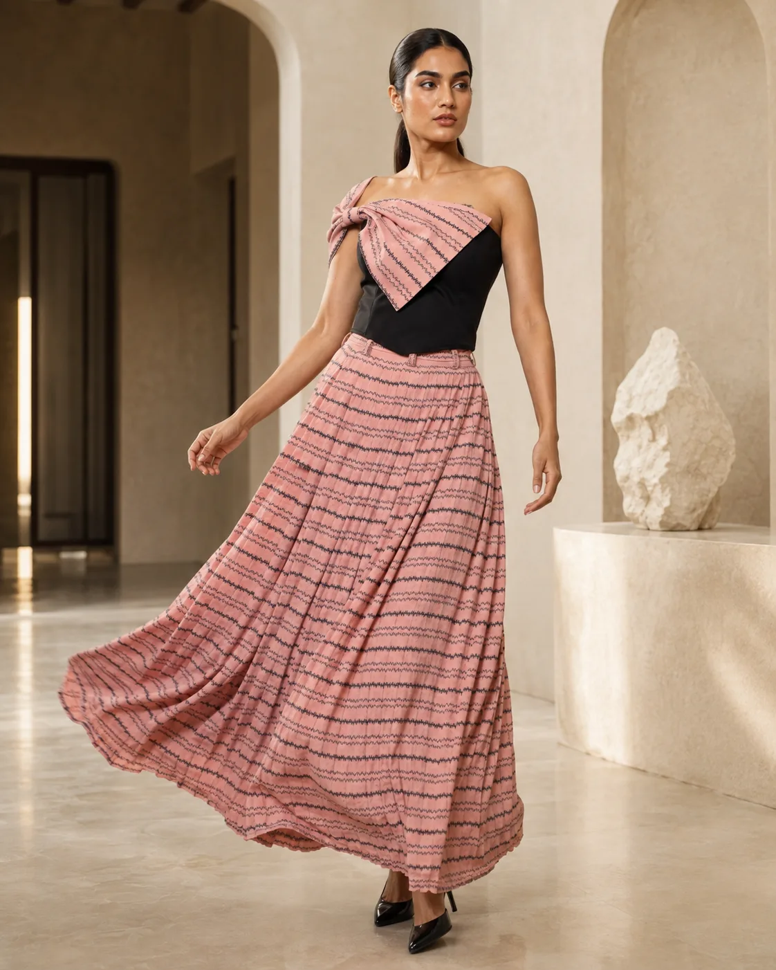 Luna Bow Set Sculpted One-Shoulder Top with Pleated Maxi Skirt — view 3