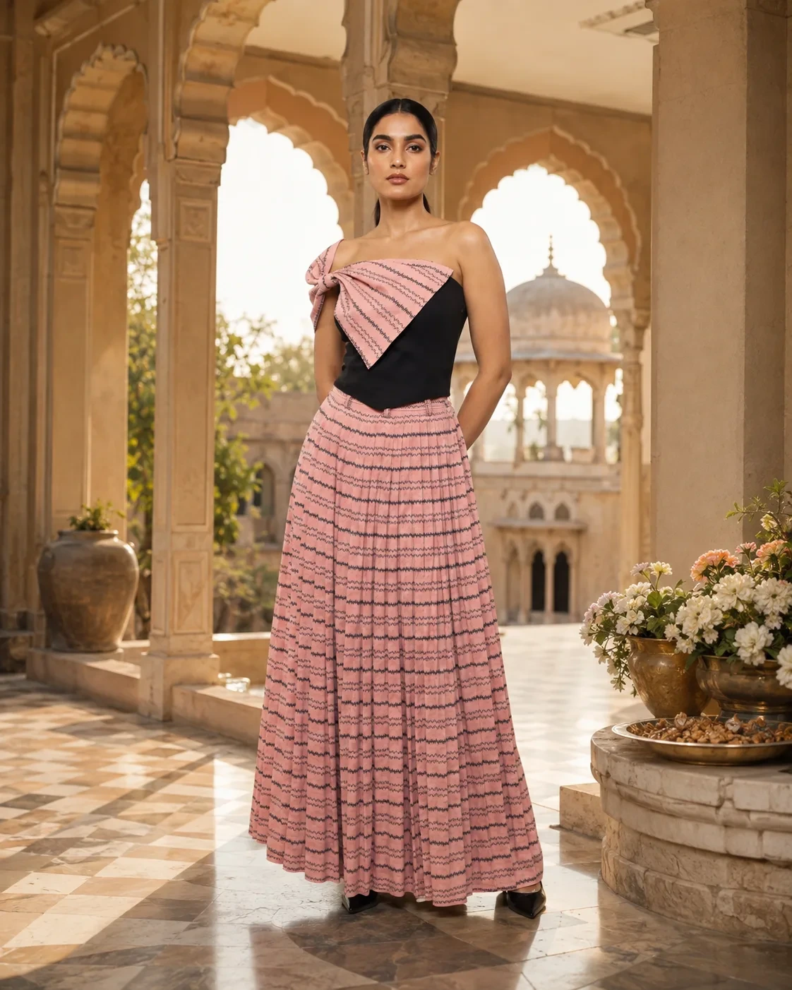 Luna Bow Set Sculpted One-Shoulder Top with Pleated Maxi Skirt — view 2