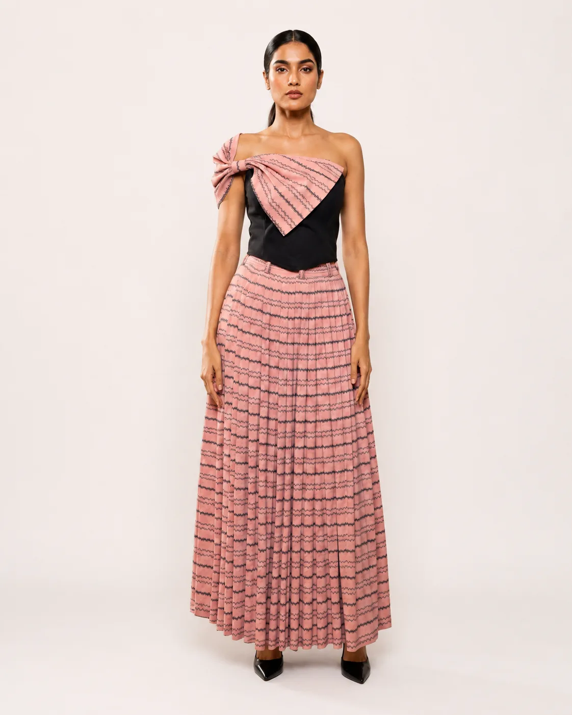 Luna Bow Set Sculpted One-Shoulder Top with Pleated Maxi Skirt