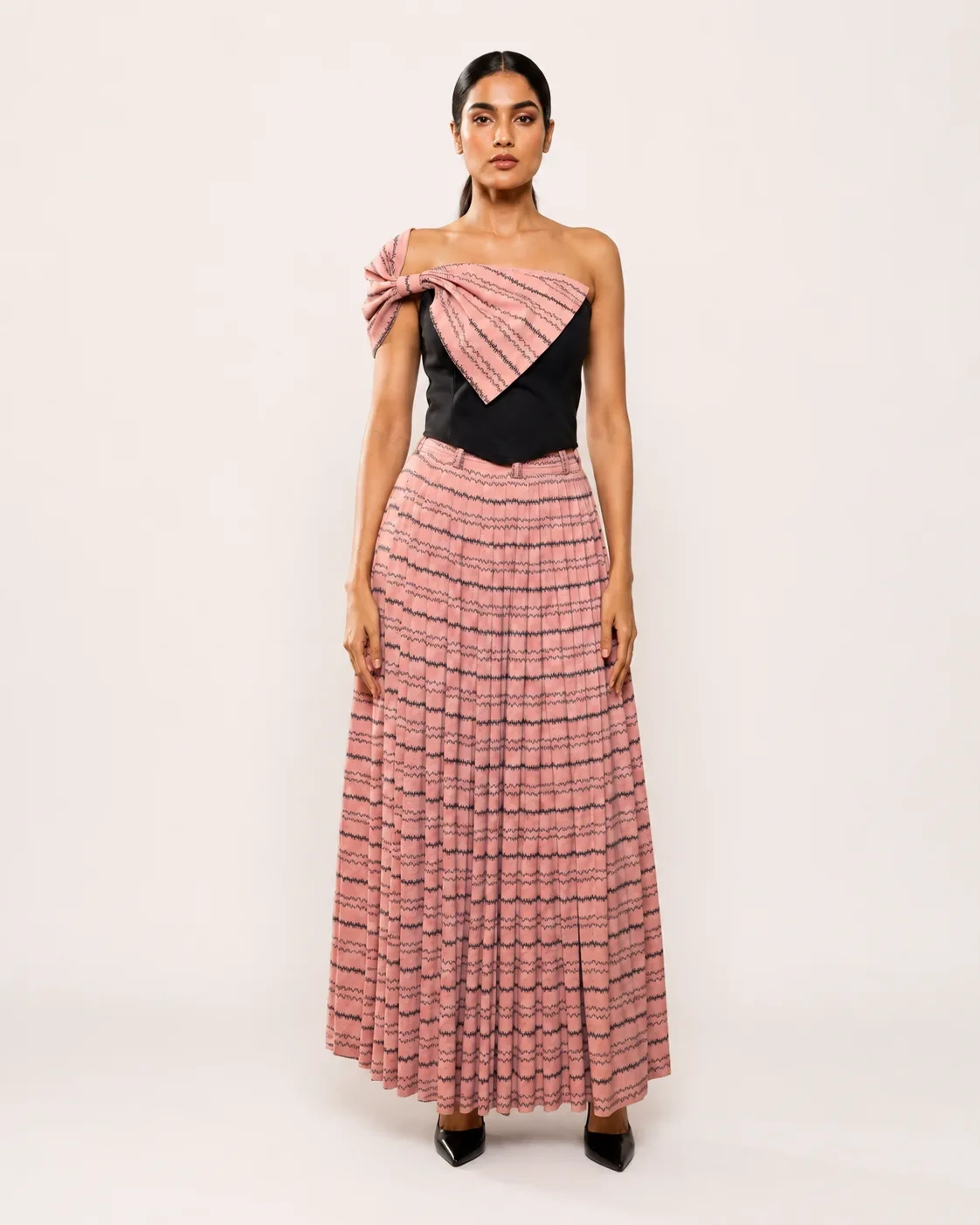 Luna Bow Set Sculpted One-Shoulder Top with Pleated Maxi Skirt — view 1