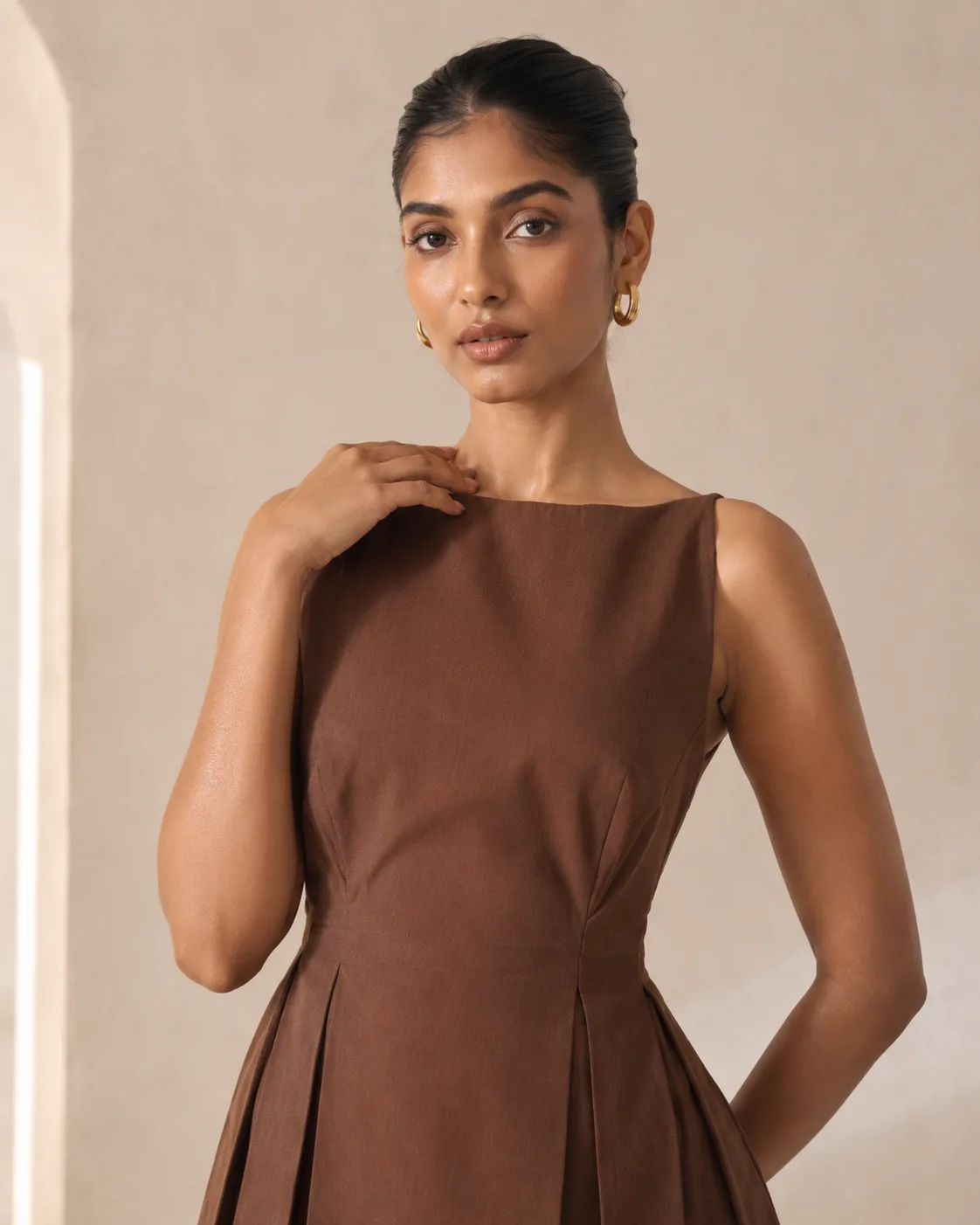 Espressa Brown Pleated Fit & Flare Mini Dress — view 4