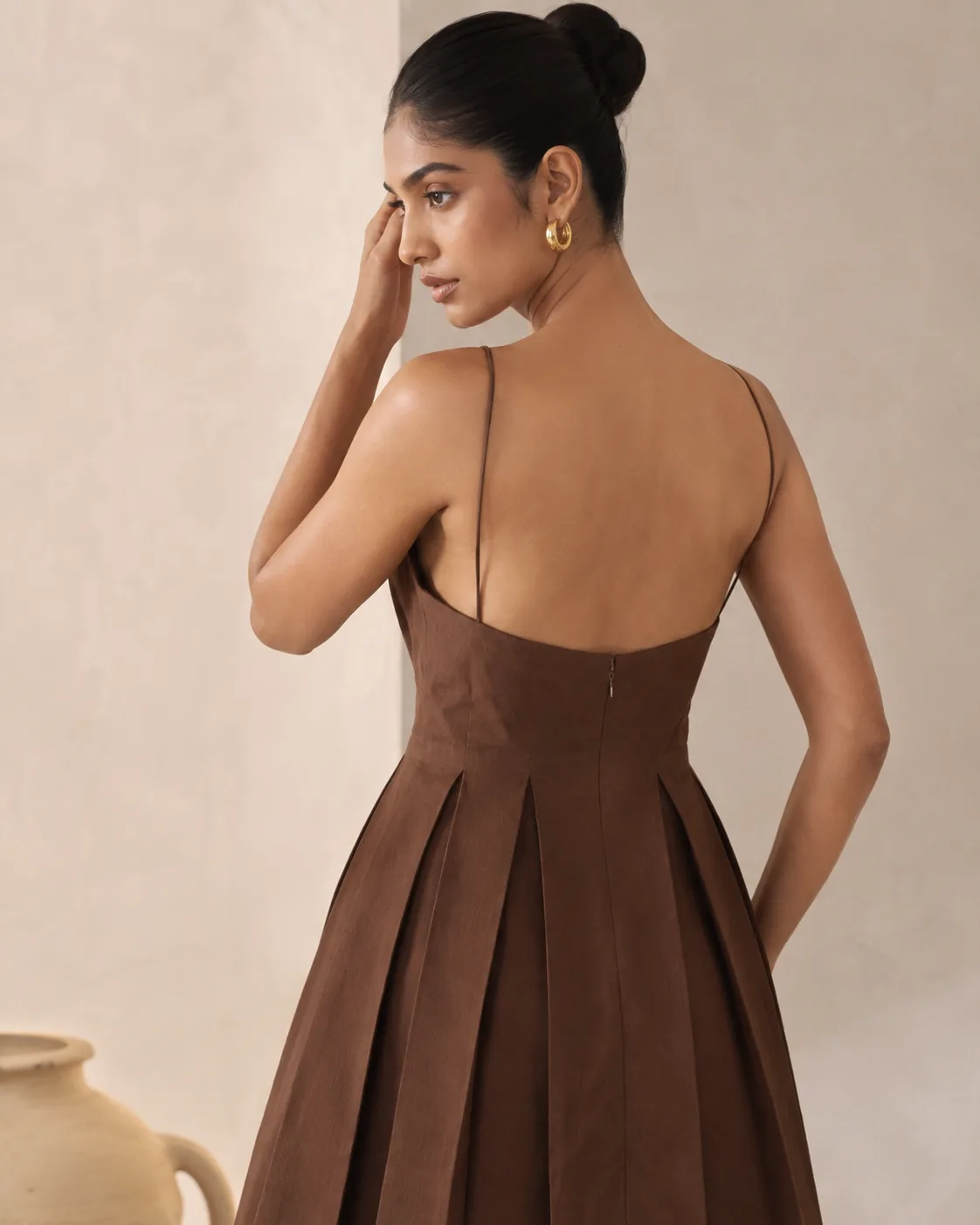 Espressa Brown Pleated Fit & Flare Mini Dress — view 6