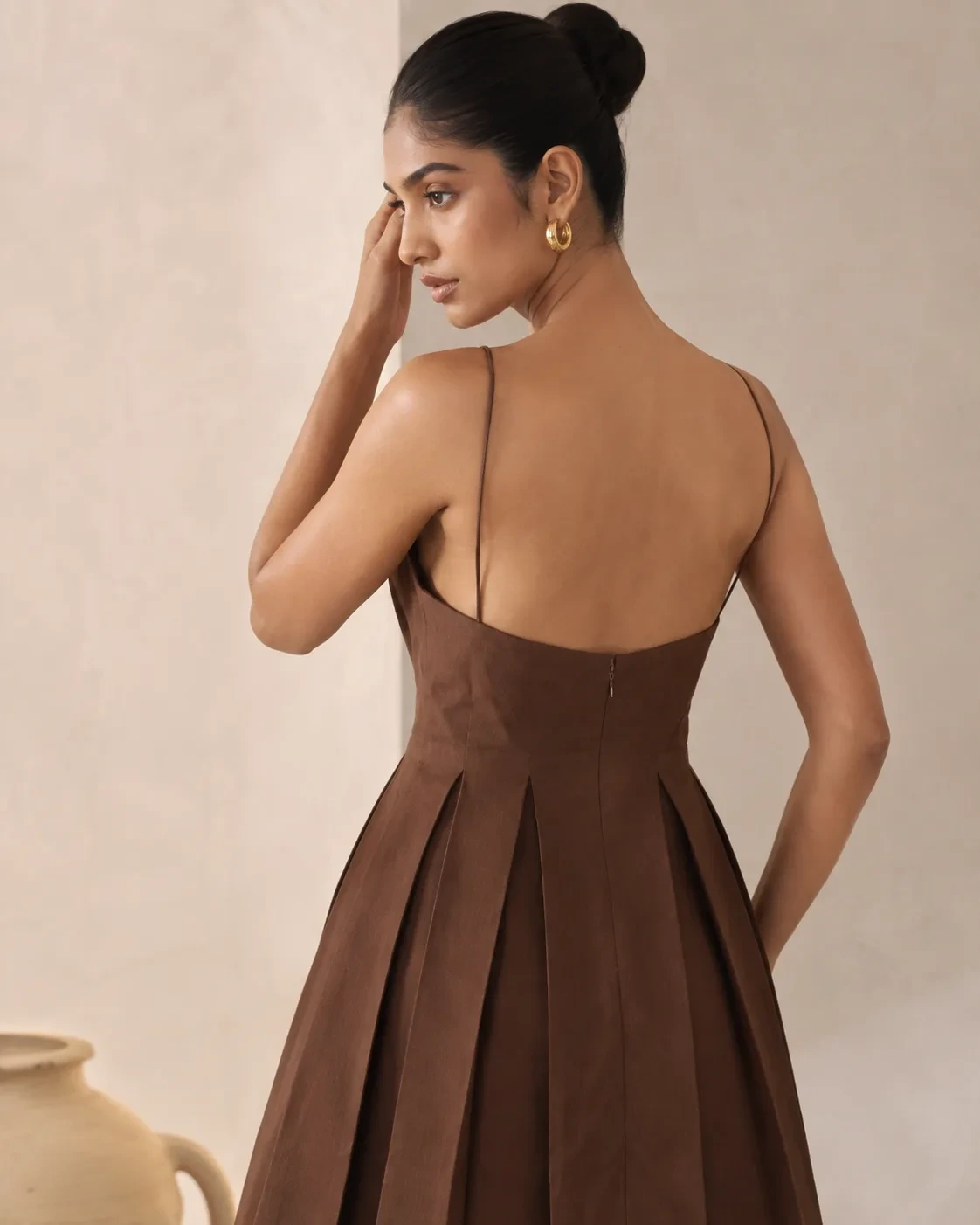 Espressa Brown Pleated Fit & Flare Mini Dress — view 6