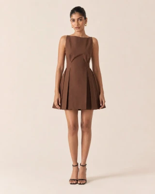 Espressa Brown Pleated Fit & Flare Mini Dress