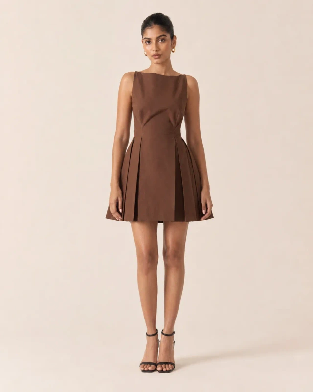 Espressa Brown Pleated Fit & Flare Mini Dress