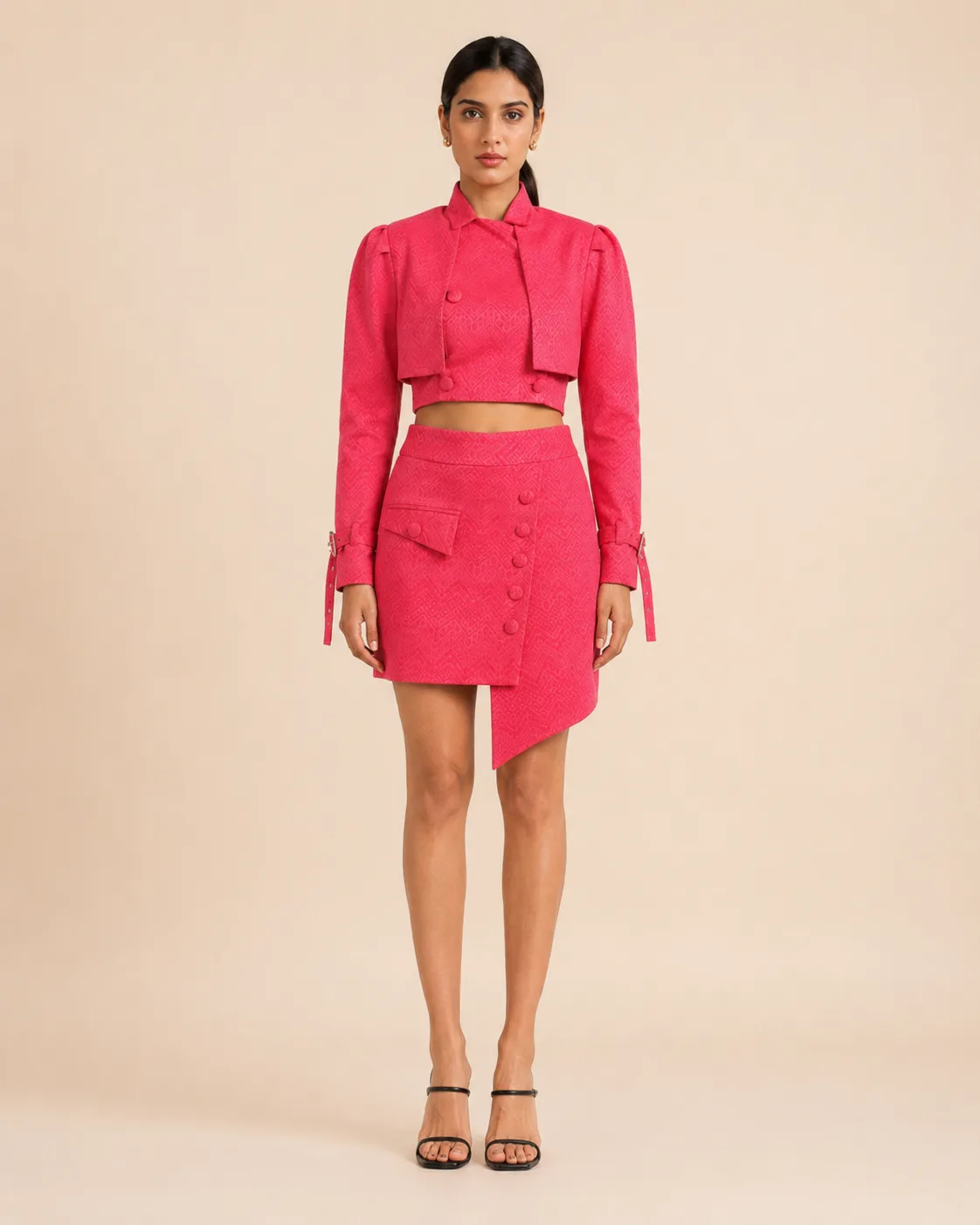 Juna Set Bright Pink Jacquard Three-Piece Skirt Set