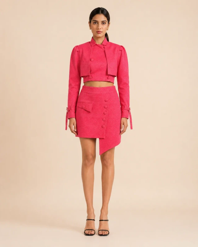 Juna Set Bright Pink Jacquard Three-Piece Skirt Set