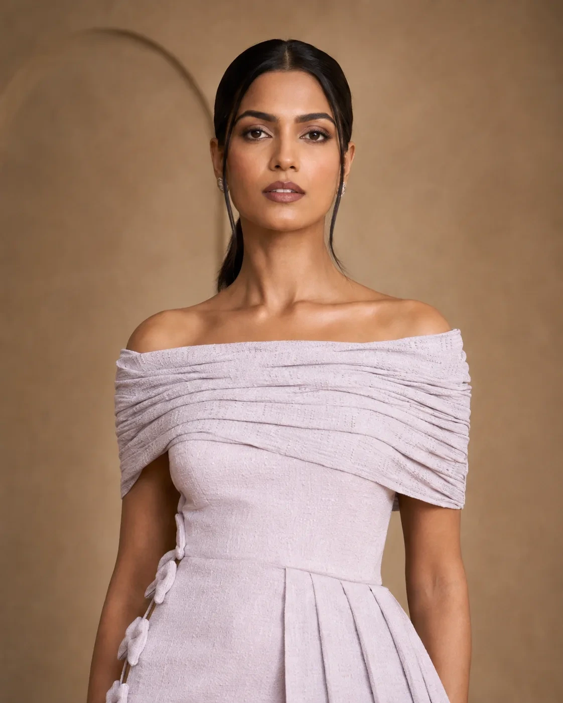 Ayla Dusky Lavender Sculpted Off-Shoulder Gown — view 5