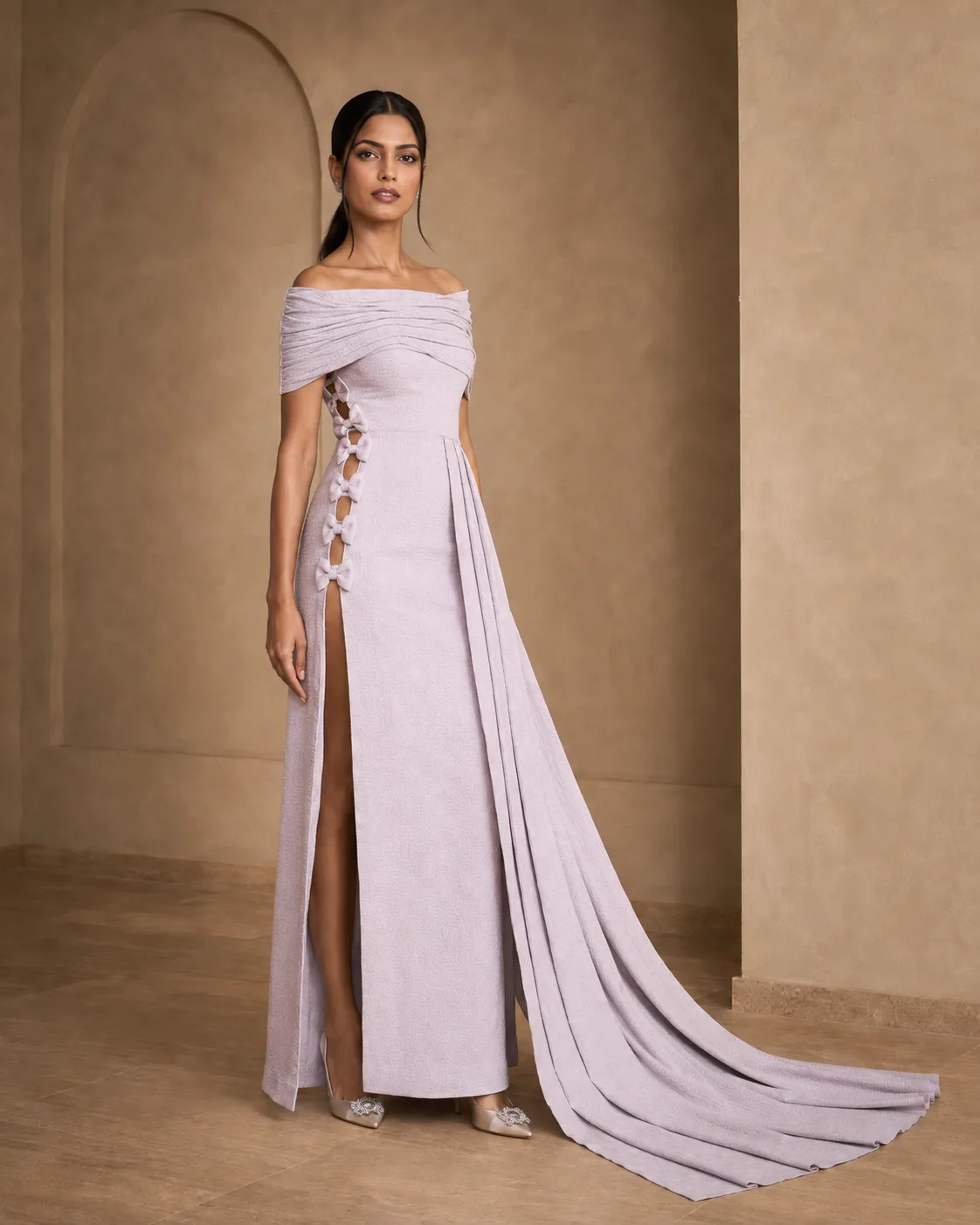 Ayla Dusky Lavender Sculpted Off-Shoulder Gown — view 5