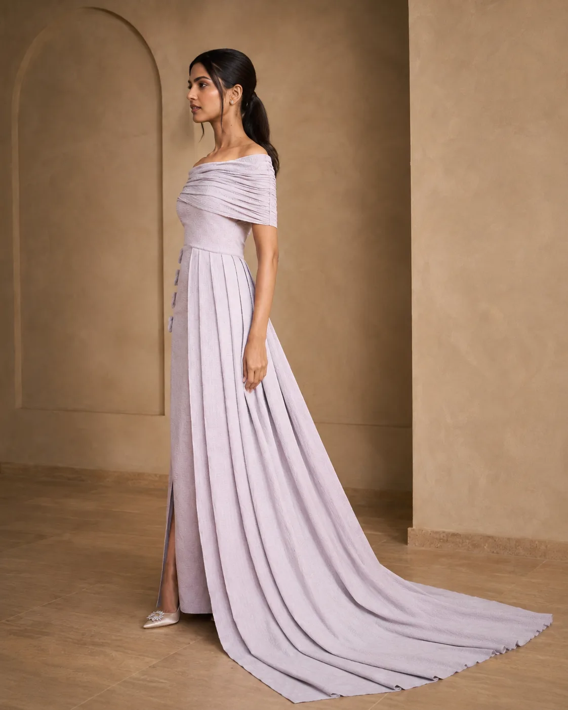 Ayla Dusky Lavender Sculpted Off-Shoulder Gown — view 6
