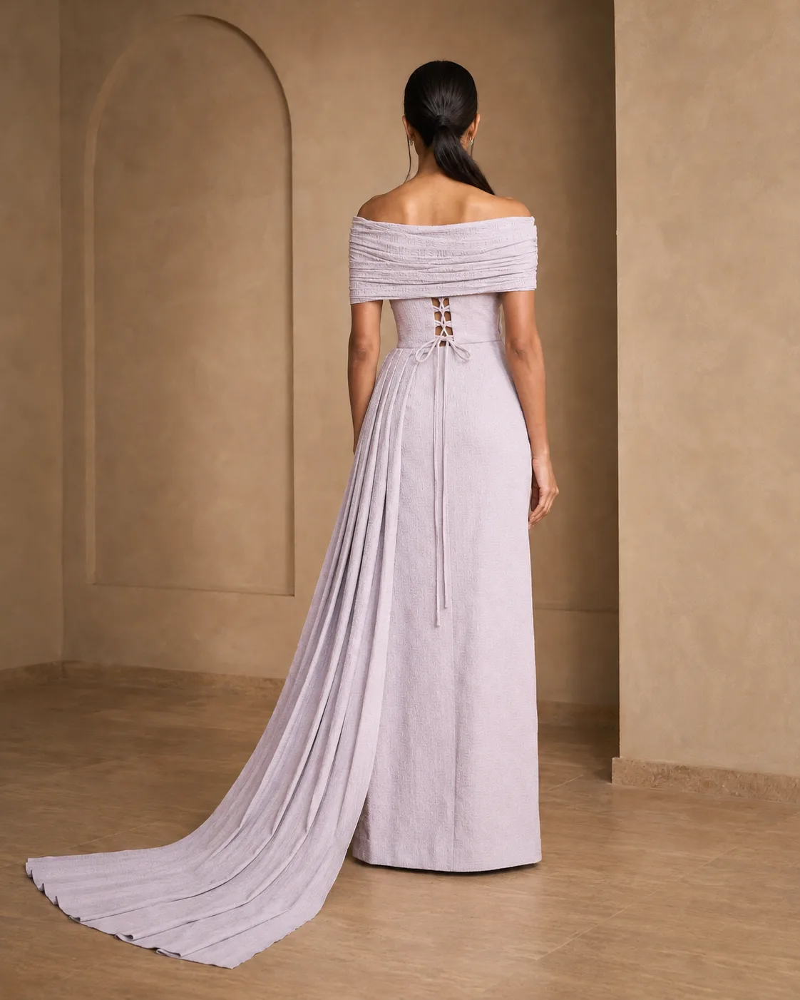 Ayla Dusky Lavender Sculpted Off-Shoulder Gown — view 7