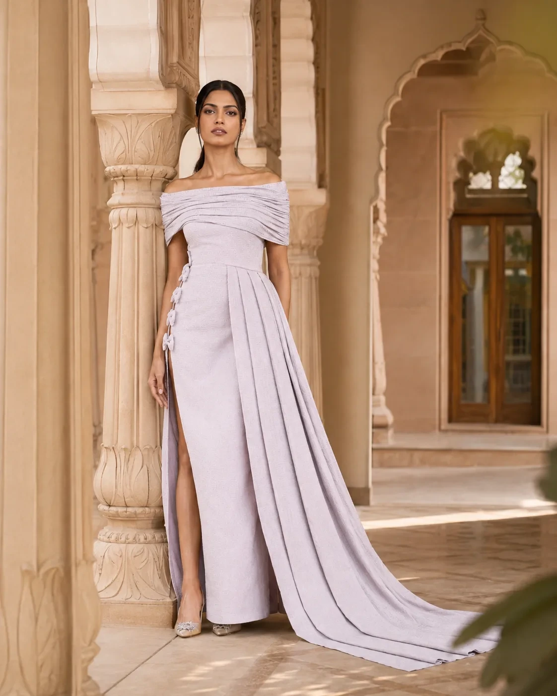 Ayla Dusky Lavender Sculpted Off-Shoulder Gown — view 2