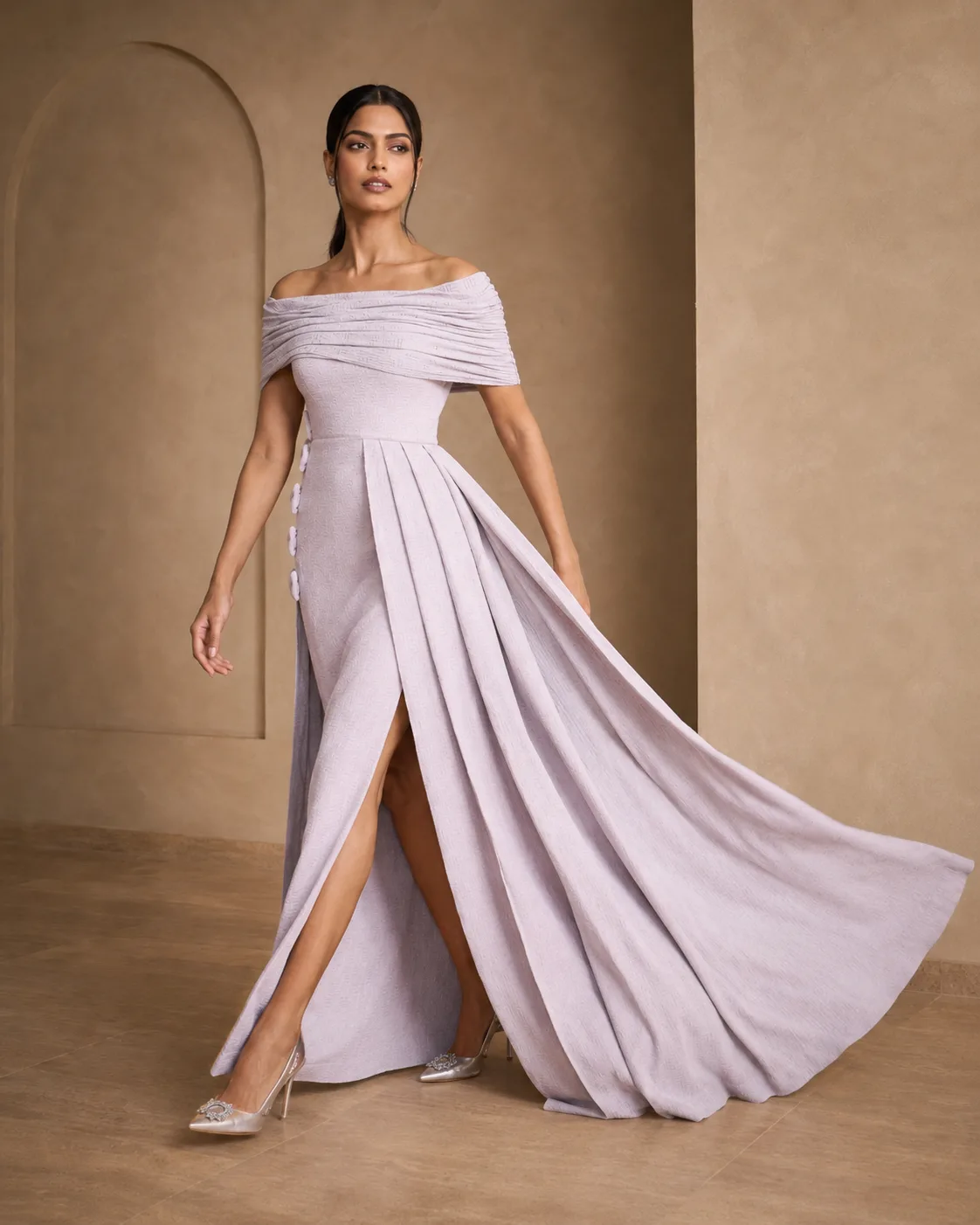 Ayla Dusky Lavender Sculpted Off-Shoulder Gown — view 3