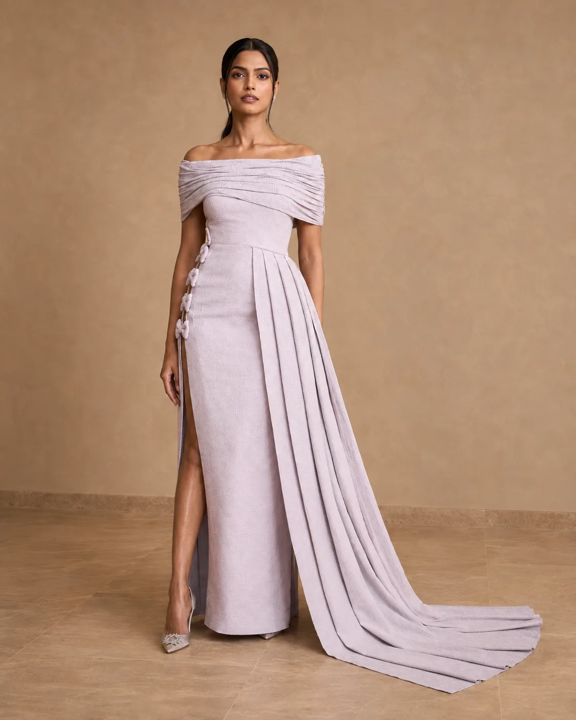 Ayla Dusky Lavender Sculpted Off-Shoulder Gown