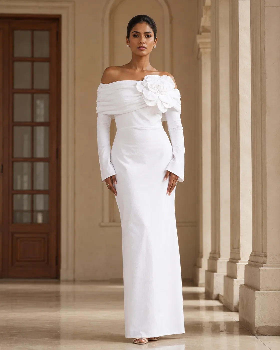 Dorsal Bloom White Floral Off-Shoulder Gown — view 8