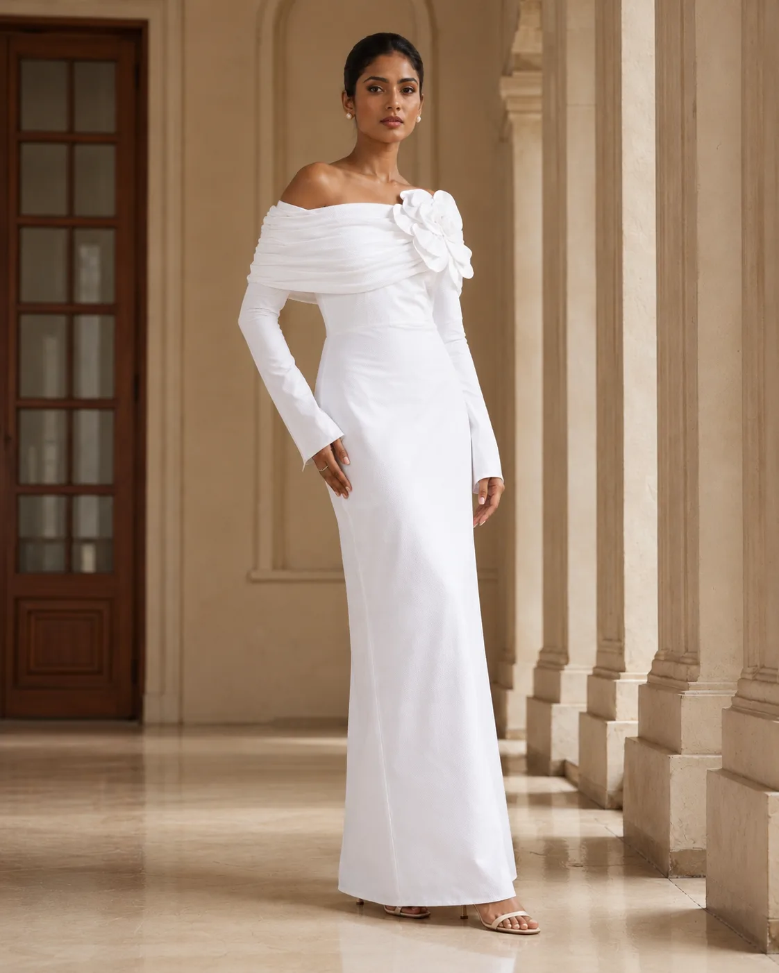 Dorsal Bloom White Floral Off-Shoulder Gown — view 8