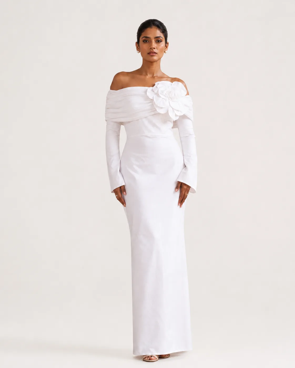 Dorsal Bloom White Floral Off-Shoulder Gown