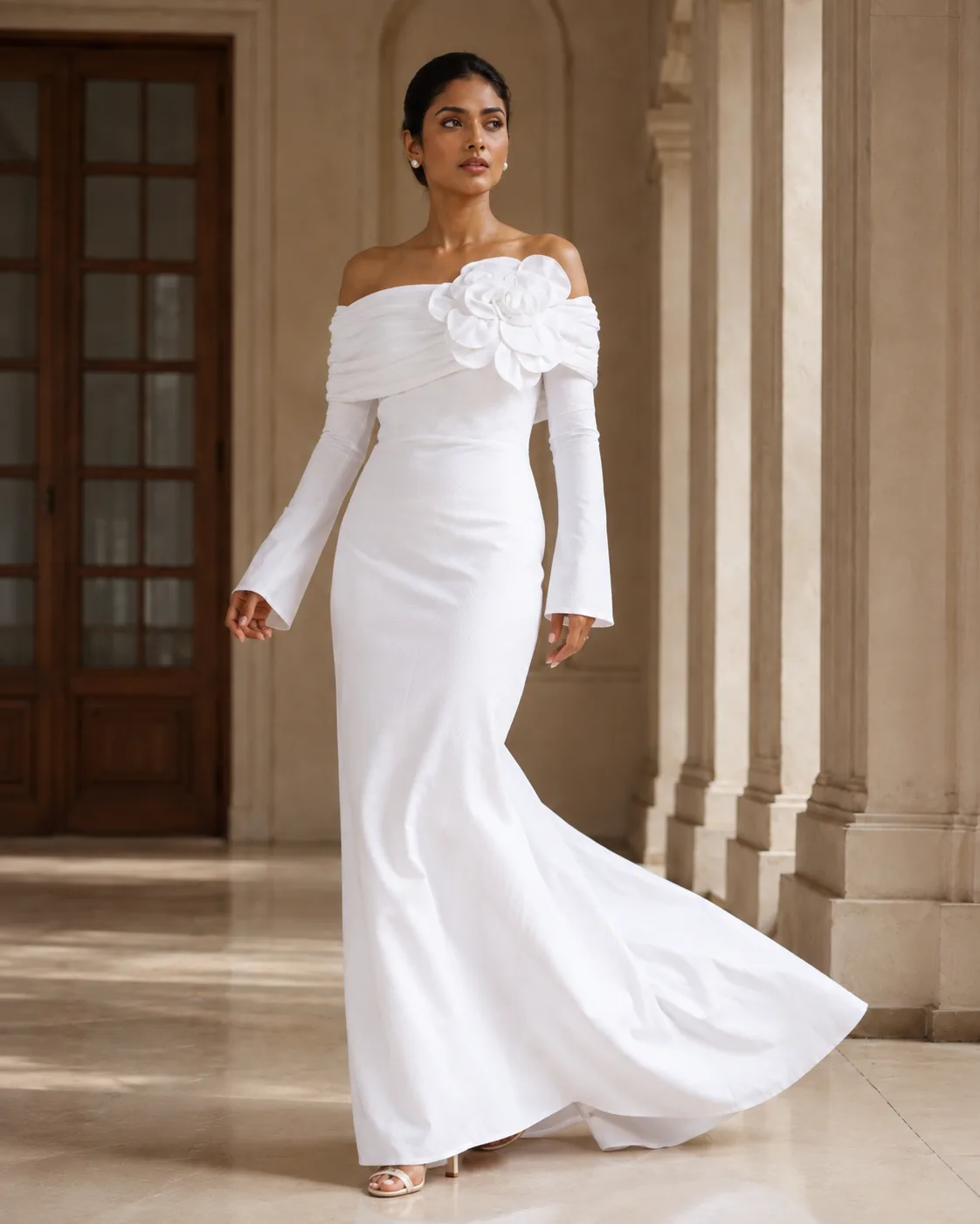 Dorsal Bloom White Floral Off-Shoulder Gown — view 3