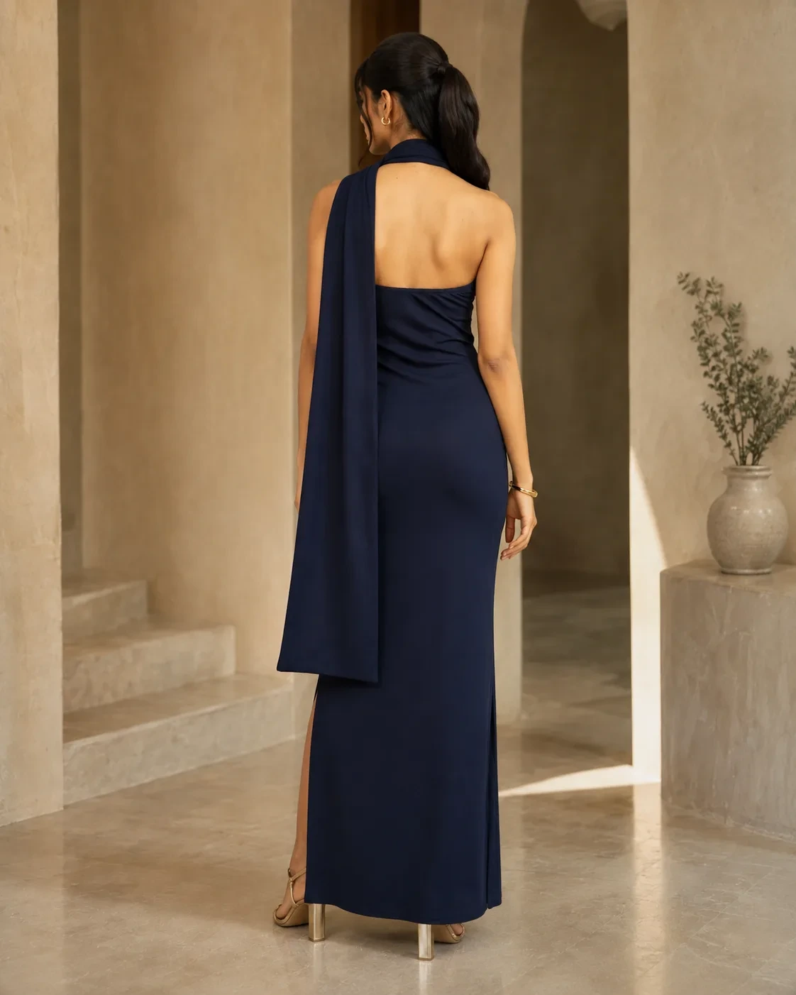 Gala Navy One-Shoulder Scarf Gown — view 8