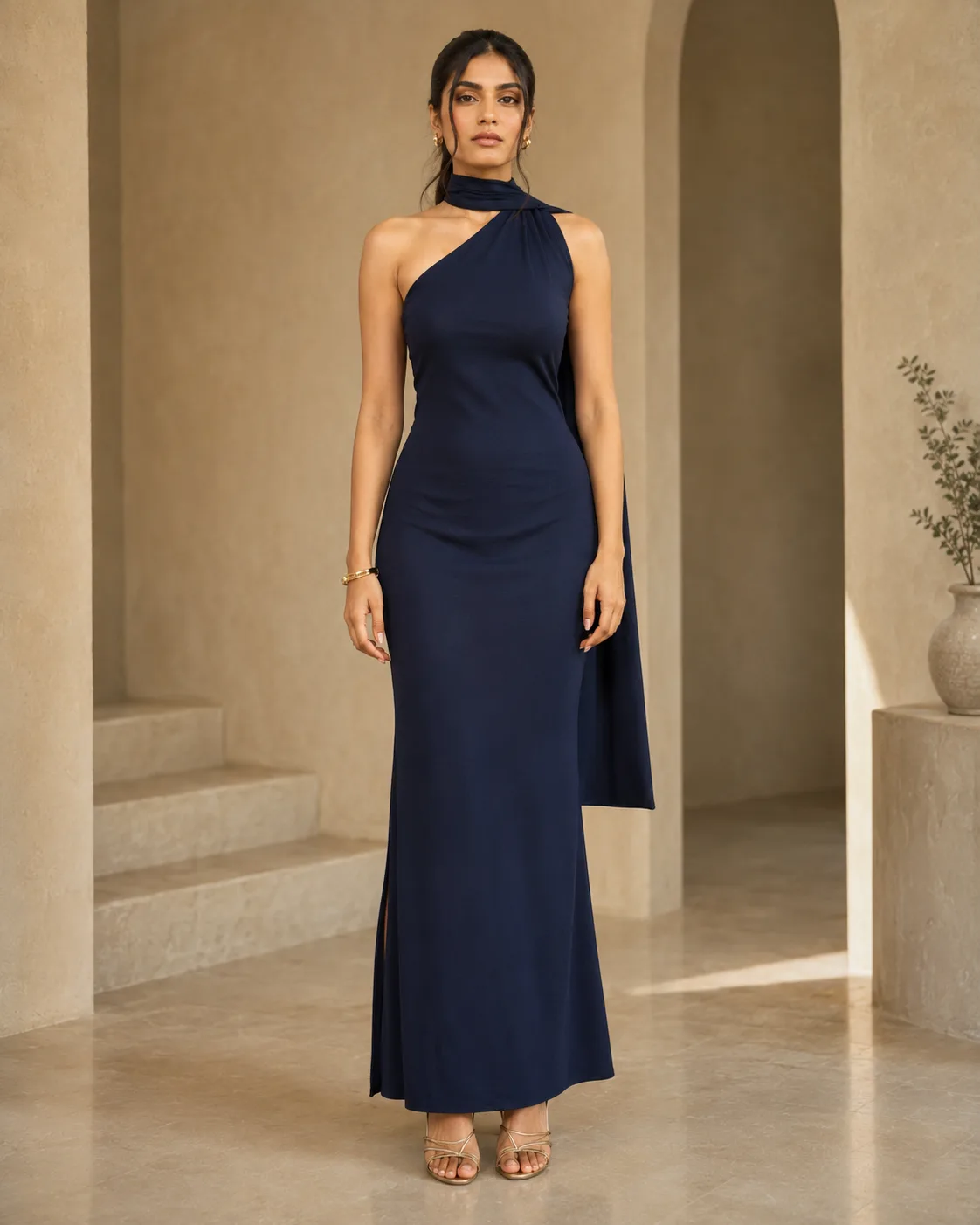Gala Navy One-Shoulder Scarf Gown