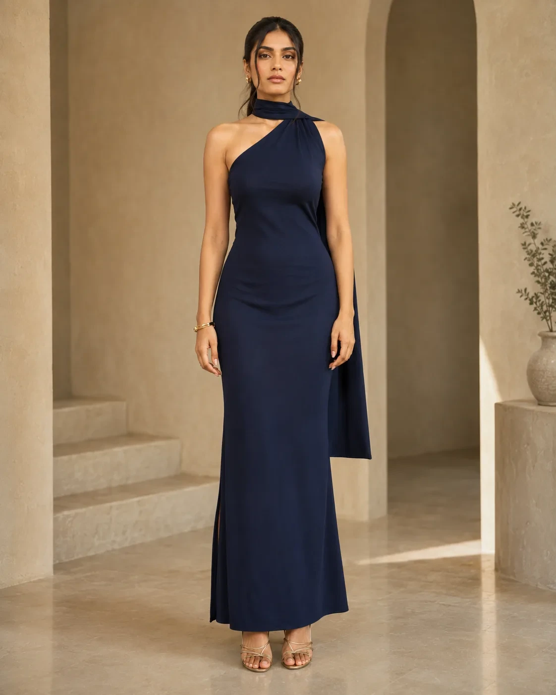 Gala Navy One-Shoulder Scarf Gown — view 1