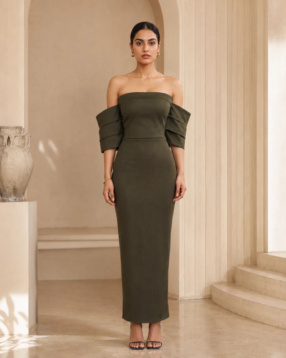 Linear Olive Sculpted Off-Shoulder Corset Maxi Dress
