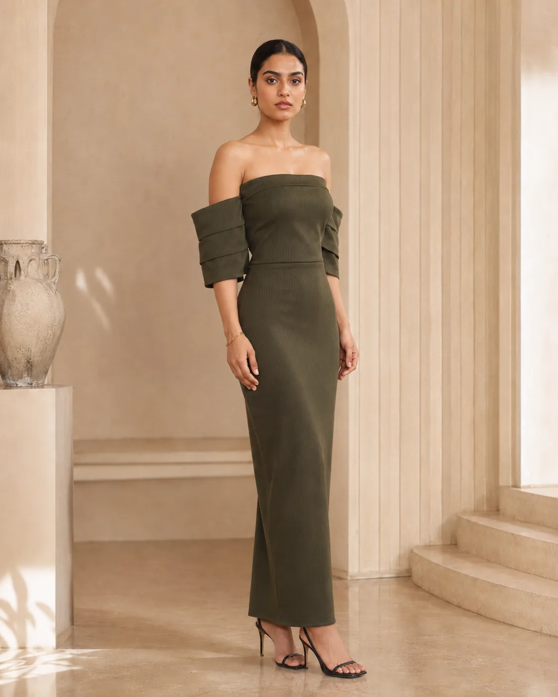 Linear Olive Sculpted Off-Shoulder Corset Maxi Dress — view 8