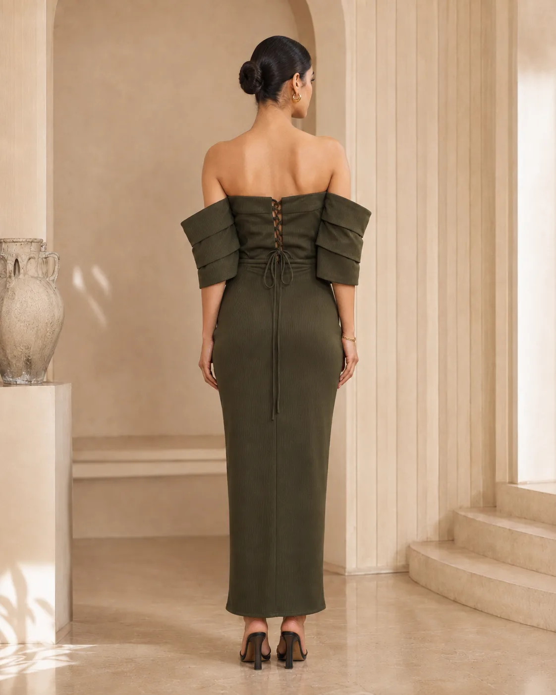 Linear Olive Sculpted Off-Shoulder Corset Maxi Dress — view 7